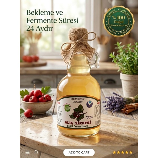 Alıç Sirkesi 500 ml Doğal Fermente  (Cam Şişe)  24 Ay Fermente Süresine Sahiptir